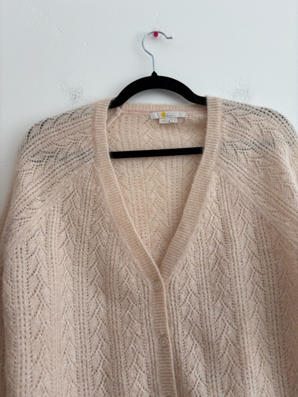 Boden Wool Mohair Blend Fluffy Pointelle Cardigan Ruffle Sleeve V Neck Cream 6 - Picture 4 of 10